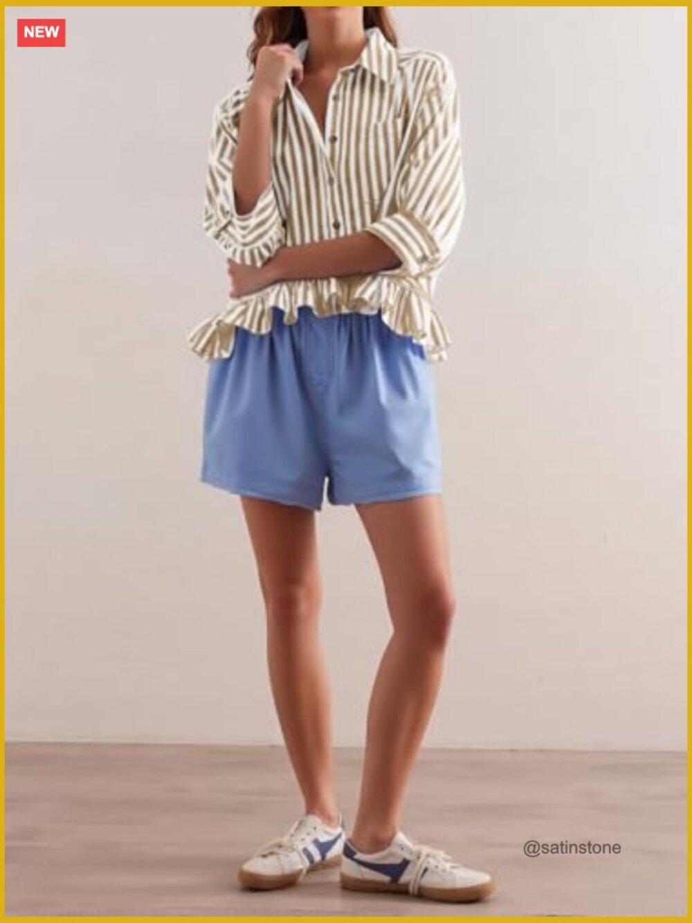 Cropped Striped Button Down Shirt with 3/4 Sleeve Ruffle Hem - Picture 4 of 6